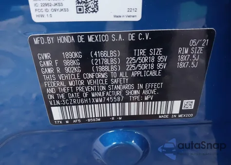 2021 Honda Hr-V Awd Sport из США, поврежденный, VIN 3CZRU6H1XMM745587